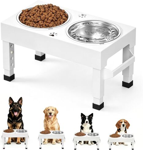 Elevated Dog Bowls Stand Large Breed, Height Adjustable Raised Dog Bowls Holder with 2 Stainless Steel Food Bowls for Small, Medium and Large Canine，White in Kuwait