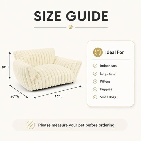 Pesonlook Cream White Plush Pet Sofa Bed for Cats and Small Dogs, 30 x 20 x 10 in Luxury Ribbed Cat Couch with Raised Back and Armrests, Soft Cozy Indoor Pet Bed for Kittens, Puppies and Small Pets in Saudi Arabia