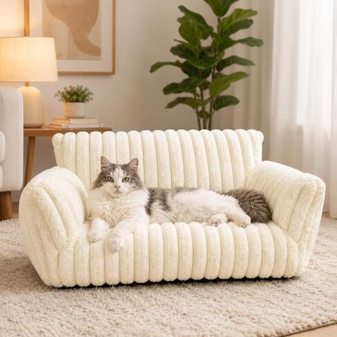 Pesonlook Cream White Plush Pet Sofa Bed for Cats and Small Dogs, 30 x 20 x 10 in Luxury Ribbed Cat Couch with Raised Back and Armrests, Soft Cozy Indoor Pet Bed for Kittens, Puppies and Small Pets in Saudi Arabia