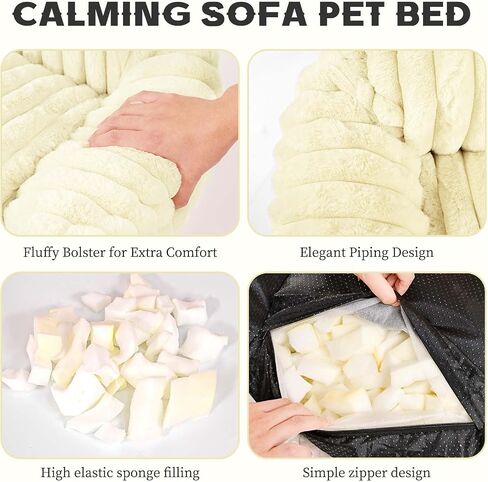 Pesonlook Cream White Plush Pet Sofa Bed for Cats and Small Dogs, 30 x 20 x 10 in Luxury Ribbed Cat Couch with Raised Back and Armrests, Soft Cozy Indoor Pet Bed for Kittens, Puppies and Small Pets in Saudi Arabia