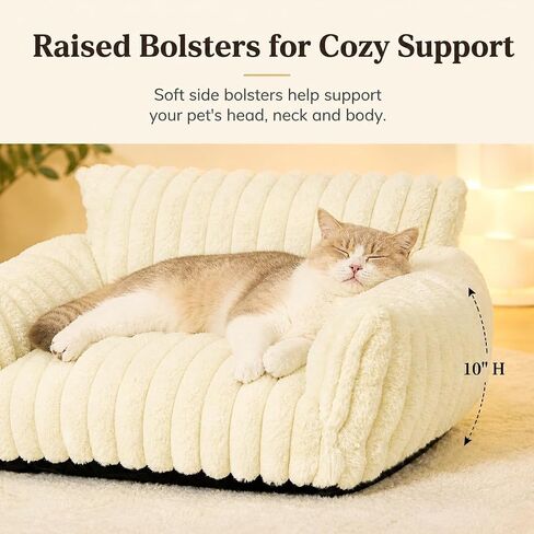 Pesonlook Cream White Plush Pet Sofa Bed for Cats and Small Dogs, 30 x 20 x 10 in Luxury Ribbed Cat Couch with Raised Back and Armrests, Soft Cozy Indoor Pet Bed for Kittens, Puppies and Small Pets in Saudi Arabia