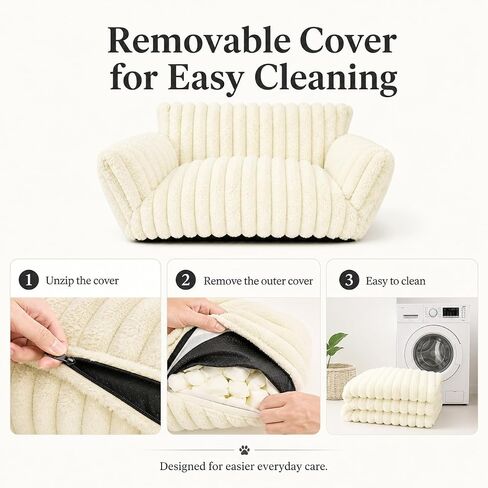 Pesonlook Cream White Plush Pet Sofa Bed for Cats and Small Dogs, 30 x 20 x 10 in Luxury Ribbed Cat Couch with Raised Back and Armrests, Soft Cozy Indoor Pet Bed for Kittens, Puppies and Small Pets in Saudi Arabia