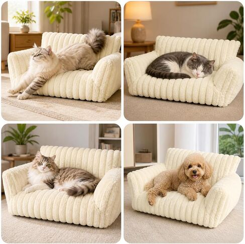Pesonlook Cream White Plush Pet Sofa Bed for Cats and Small Dogs, 30 x 20 x 10 in Luxury Ribbed Cat Couch with Raised Back and Armrests, Soft Cozy Indoor Pet Bed for Kittens, Puppies and Small Pets in Saudi Arabia