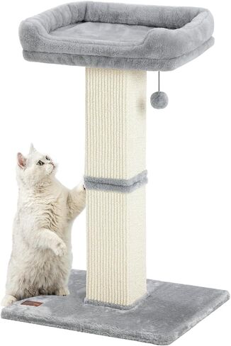 Karolpar 32" Cat Scratching Post for Indoor Cats, Sisal Cat Scratcher with Plush Perch, Large Scratch Post with Bed, Removable Cover, Sisal Fabric,Light Grey in Kuwait
