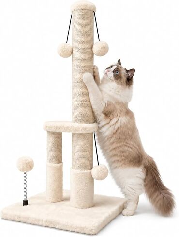 Dimaka Tall Cat Scratching Post, Double Lower Posts Extra Stable Cat Post Tree Scratcher with Sisal Rope and Teasing 4 Balls Total Large Base (Grey) in Kuwait