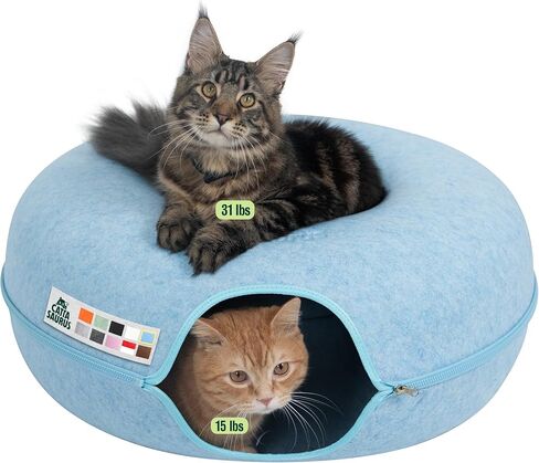 Peekaboo Cat Cave Donut for Multiple & Large Cats up to 30-45 lbs, 3-in-1 Self Warming Cat Bed, Tunnel & Scratcher for Indoor Cats, Washable & Detachable Small Dog Bed (Light Gray, Large) in Kuwait