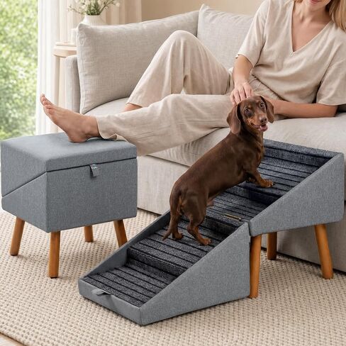 Luciphia 2-in-1 Wooden Pet Stairs & Ottoman 17" H Foldable Dog Ramp with Solid Wood Frame & Tech Cloth Surface Pet Footstool Steps with Non-Slip Surface for Puppy Senior Injured Dogs Couch Bed in Saudi Arabia