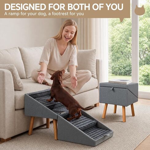 Luciphia 2-in-1 Wooden Pet Stairs & Ottoman 17" H Foldable Dog Ramp with Solid Wood Frame & Tech Cloth Surface Pet Footstool Steps with Non-Slip Surface for Puppy Senior Injured Dogs Couch Bed in Saudi Arabia