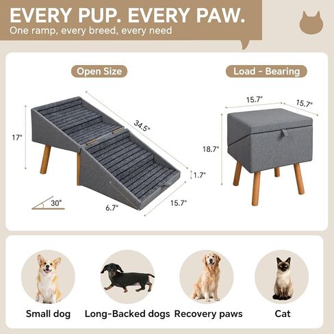 Luciphia 2-in-1 Wooden Pet Stairs & Ottoman 17" H Foldable Dog Ramp with Solid Wood Frame & Tech Cloth Surface Pet Footstool Steps with Non-Slip Surface for Puppy Senior Injured Dogs Couch Bed in Saudi Arabia