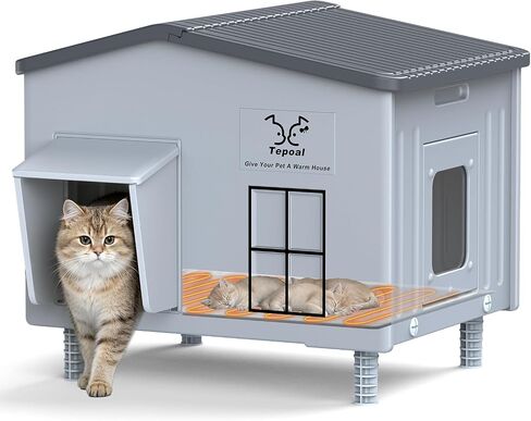 17.7"x17"x17.5" Indestructible Heated Cat House for Outside Winter, Weatherproof Outside Cats Shelter with Safety Escape Doors and Heating Pads, Elevated Feral Cat House for Wild and Stray Cats in Kuwait