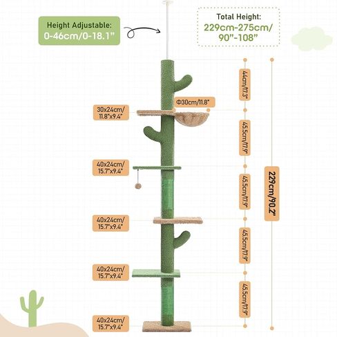 PAWZ Road Cactus Floor-to-Ceiling Cat Tree 5-Tier Cat Tower with Hammock in Kuwait