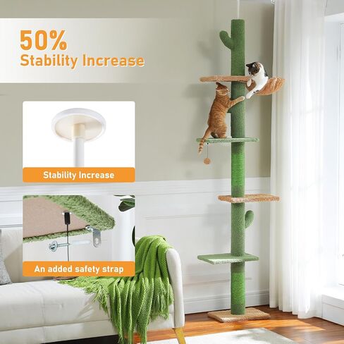 PAWZ Road Cactus Floor-to-Ceiling Cat Tree 5-Tier Cat Tower with Hammock in Kuwait