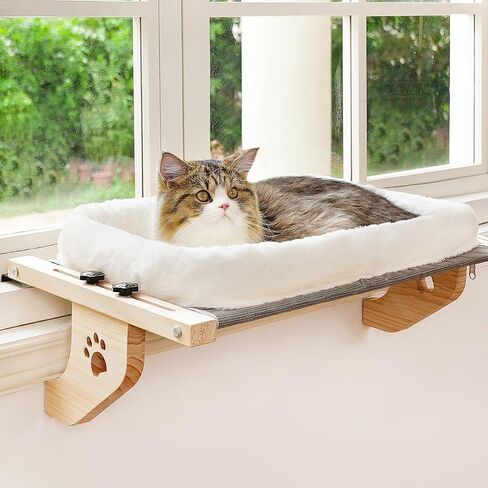 AMOSIJOY Wooden Cat Windowsill Perch with Zipper Cushion Bed, 24.4in in Kuwait
