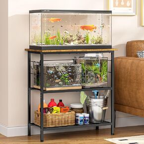 ThreeHio 20 Gallon Fish Tank Stand, 3 Tier Aquarium Stand with Movable Hooks, 28.5" L* 15.74" W Tabletop, Heavy Duty Terrarium Stand with Storage Shelf, Storage Table Shelf Rack Organizer for Kitchen, Living Room, Office, Balcony in Kuwait