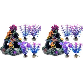 GSD Aquarium Colorful Coral Reef Set Fish Tank Decoration Mountain Ornament for Aquarium Environments Decor Accessories, Coral Mountain x 1, Aquatic Plant x 4 in Kuwait