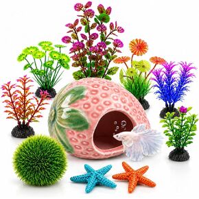 10PCS Aquarium Decorations, Ice Crackle Glaze Betta Fish Tank Decor Accessories, Ceramic Strawberry House Cave Hideout with Artificial Plants Grass Ball & Starfish for Goldfish Shrimp Cichlid (Pink) in Saudi Arabia