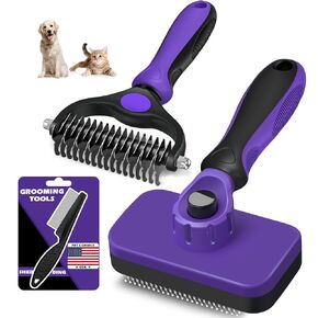 Professional 3PCS Self Cleaning Slicker Brush & Pet Grooming Rake & Flea Comb for Dogs,Cats and Horses | Double-Sided Dematting Comb & Skin Friendly Deshedding Grooming Tool | Pet Supplies (Purple) in Kuwait