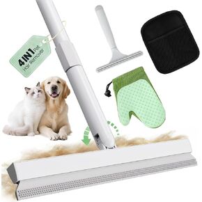 Carpet Rake for Pet Hair Removal Tool - 4 in 1 Pet Hair Remover Kit for Dog Cat Fur Remover, Contain 60" Adjustable Rubber Broom, Glove, Magic Brush and Scraper for Furniture,Short Pile Carpets, Mats in Saudi Arabia