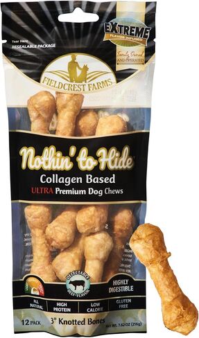 Fieldcrest Farms Nothin' to Hide 3 inch Ultra Knotted Bone Treats - Natural Rawhide Alternative Treats for Dogs, Collagen Based Snack for Heavy Chewers up to 15lbs - Beef Flavor, 12 Pack in Saudi Arabia