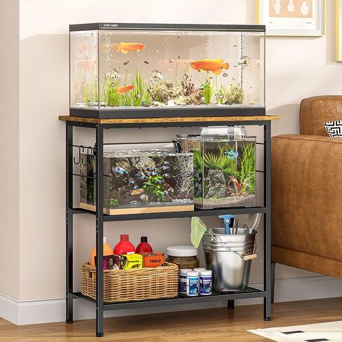 ThreeHio 20 Gallon Fish Tank Stand, 3 Tier Aquarium Stand with Movable Hooks, 28.5" L* 15.74" W Tabletop, Heavy Duty Terrarium Stand with Storage Shelf, Storage Table Shelf Rack Organizer for Kitchen, Living Room, Office, Balcony in Kuwait