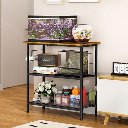 ThreeHio 20 Gallon Fish Tank Stand, 3 Tier Aquarium Stand with Movable Hooks, 28.5" L* 15.74" W Tabletop, Heavy Duty Terrarium Stand with Storage Shelf, Storage Table Shelf Rack Organizer for Kitchen, Living Room, Office, Balcony in Kuwait