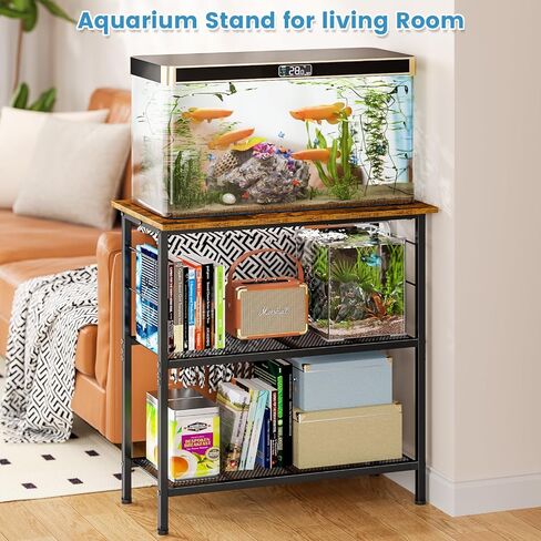 ThreeHio 20 Gallon Fish Tank Stand, 3 Tier Aquarium Stand with Movable Hooks, 28.5" L* 15.74" W Tabletop, Heavy Duty Terrarium Stand with Storage Shelf, Storage Table Shelf Rack Organizer for Kitchen, Living Room, Office, Balcony in Kuwait