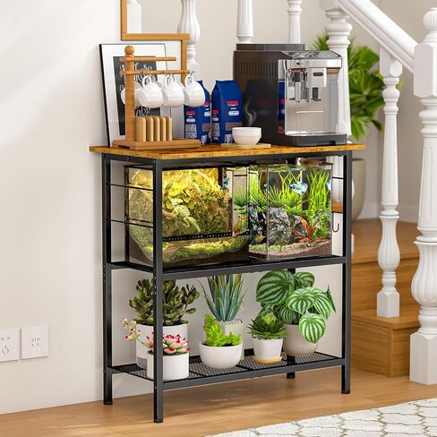 ThreeHio 20 Gallon Fish Tank Stand, 3 Tier Aquarium Stand with Movable Hooks, 28.5" L* 15.74" W Tabletop, Heavy Duty Terrarium Stand with Storage Shelf, Storage Table Shelf Rack Organizer for Kitchen, Living Room, Office, Balcony in Kuwait