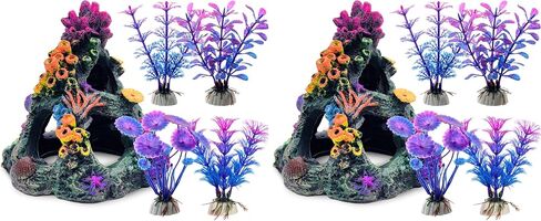 GSD Aquarium Colorful Coral Reef Set Fish Tank Decoration Mountain Ornament for Aquarium Environments Decor Accessories, Coral Mountain x 1, Aquatic Plant x 4 in Kuwait