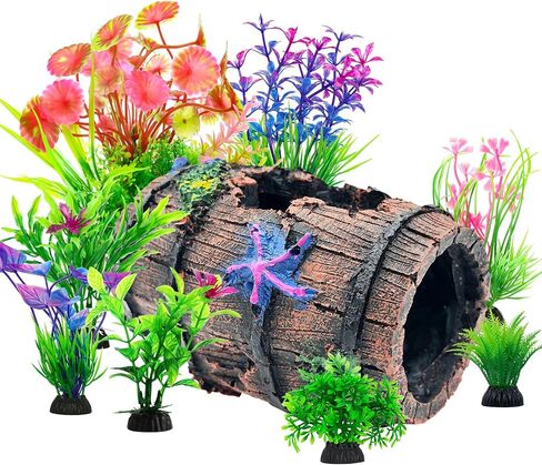 CousDUoBe Fish Broken Barrel Decor Fish Tank Decorations Betta Fish Tank Accessories,Starfish Barrel x 1pc, Aquarium Plants x 8pcs in Kuwait