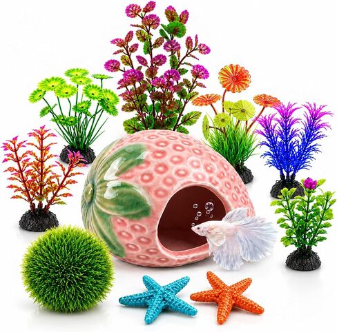 10PCS Aquarium Decorations, Ice Crackle Glaze Betta Fish Tank Decor Accessories, Ceramic Strawberry House Cave Hideout with Artificial Plants Grass Ball & Starfish for Goldfish Shrimp Cichlid (Pink) in Saudi Arabia
