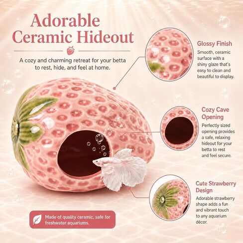 10PCS Aquarium Decorations, Ice Crackle Glaze Betta Fish Tank Decor Accessories, Ceramic Strawberry House Cave Hideout with Artificial Plants Grass Ball & Starfish for Goldfish Shrimp Cichlid (Pink) in Saudi Arabia
