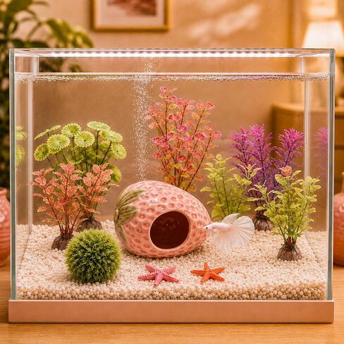 10PCS Aquarium Decorations, Ice Crackle Glaze Betta Fish Tank Decor Accessories, Ceramic Strawberry House Cave Hideout with Artificial Plants Grass Ball & Starfish for Goldfish Shrimp Cichlid (Pink) in Saudi Arabia
