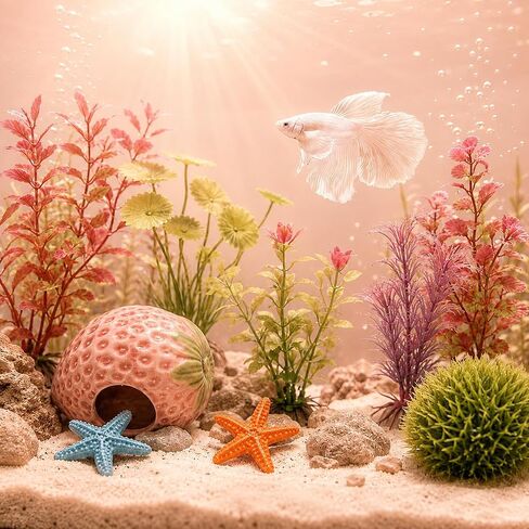 10PCS Aquarium Decorations, Ice Crackle Glaze Betta Fish Tank Decor Accessories, Ceramic Strawberry House Cave Hideout with Artificial Plants Grass Ball & Starfish for Goldfish Shrimp Cichlid (Pink) in Saudi Arabia
