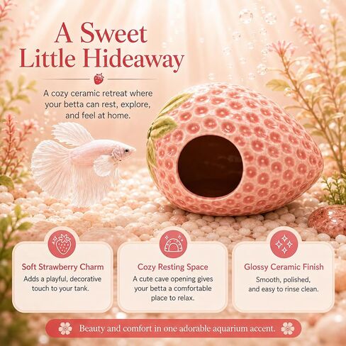 10PCS Aquarium Decorations, Ice Crackle Glaze Betta Fish Tank Decor Accessories, Ceramic Strawberry House Cave Hideout with Artificial Plants Grass Ball & Starfish for Goldfish Shrimp Cichlid (Pink) in Saudi Arabia