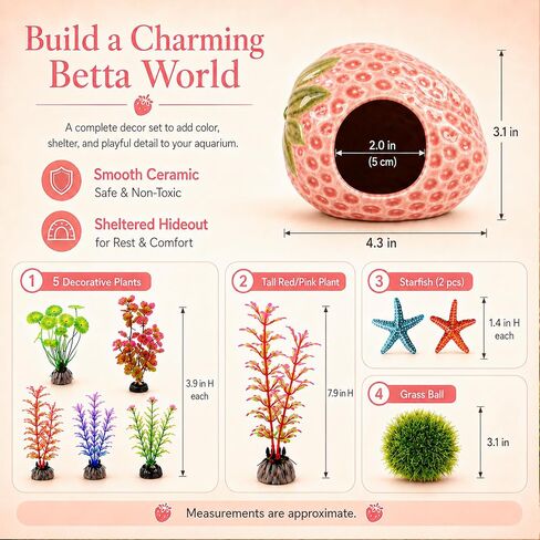 10PCS Aquarium Decorations, Ice Crackle Glaze Betta Fish Tank Decor Accessories, Ceramic Strawberry House Cave Hideout with Artificial Plants Grass Ball & Starfish for Goldfish Shrimp Cichlid (Pink) in Saudi Arabia
