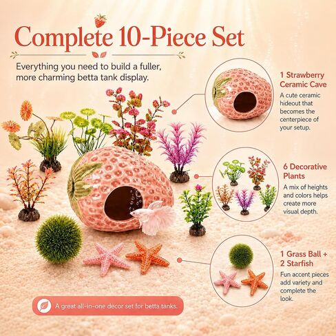 10PCS Aquarium Decorations, Ice Crackle Glaze Betta Fish Tank Decor Accessories, Ceramic Strawberry House Cave Hideout with Artificial Plants Grass Ball & Starfish for Goldfish Shrimp Cichlid (Pink) in Saudi Arabia