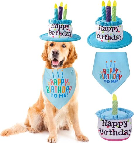 Large Dog Birthday Cake Hat & Bandana Set, Adjustable Dog Happy Birthday Party Hats for Large Dogs Boy, Dog Birthday Party Supplies Decorations (Blue) in Kuwait