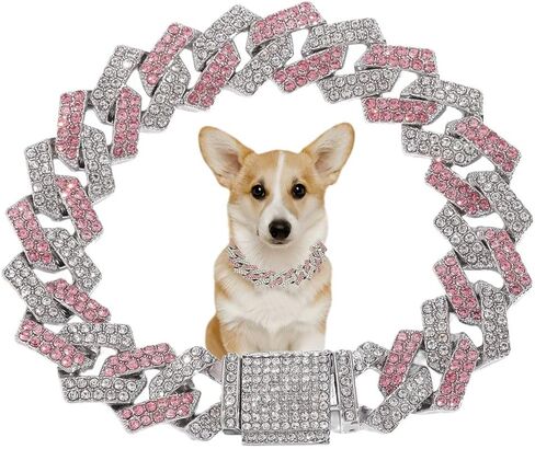 Pink Dog Necklace,Rhinestone Dog Chain Necklace Bling Diamond Cuban Link Dog chainCollars Glitter Puppy Necklace for Dogs xs Small Medium Large Pet 8in in Saudi Arabia