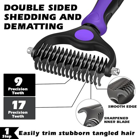Professional 3PCS Self Cleaning Slicker Brush & Pet Grooming Rake & Flea Comb for Dogs,Cats and Horses | Double-Sided Dematting Comb & Skin Friendly Deshedding Grooming Tool | Pet Supplies (Purple) in Kuwait