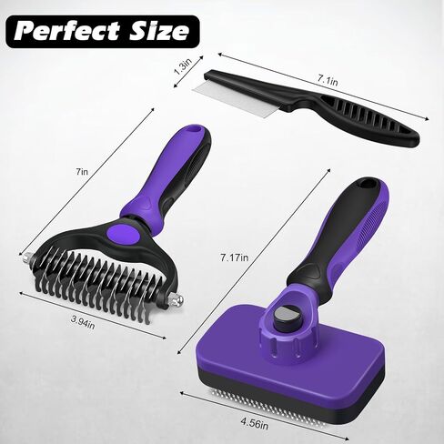 Professional 3PCS Self Cleaning Slicker Brush & Pet Grooming Rake & Flea Comb for Dogs,Cats and Horses | Double-Sided Dematting Comb & Skin Friendly Deshedding Grooming Tool | Pet Supplies (Purple) in Kuwait