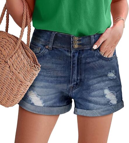 Magritta Denim Shorts for Women Mid Waisted Folded Hem Ripped Jean Shorts in Kuwait