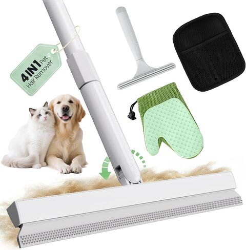 Carpet Rake for Pet Hair Removal Tool - 4 in 1 Pet Hair Remover Kit for Dog Cat Fur Remover, Contain 60" Adjustable Rubber Broom, Glove, Magic Brush and Scraper for Furniture,Short Pile Carpets, Mats in Saudi Arabia