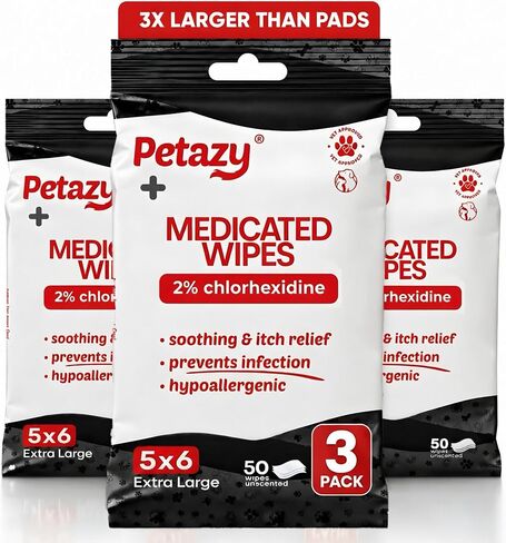 Petazy 2% Chlorhexidine Wipes for Dogs 3X Larger | Yeast Infection Ringworm Fungus Hot Spot Itch Relief | Medicated Antibacterial Antifungal Gentle Soothing Topical Wipes for Dog Cat | 50 Wipes 5x6 in Kuwait