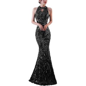 Chowsir Women Elegant Halter Fishtail Slim Cocktail Party Evening Wedding Guest Dress Long Sequin Dresses in Kuwait