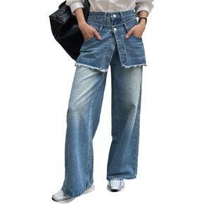 LAJIOJIO Women's Asymmetric Wide Leg Jeans Patchwork Distressed Denim Pants in Saudi Arabia