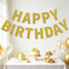 Happy Birthday Banner Pre-strung - No DIY Shiny Gold Letters Party Banners & Birthday Decorations - 8 ft Ready-to-Hang Garland for Birthday Party Supplies, Men Women Decor (Black Gold) in Kuwait