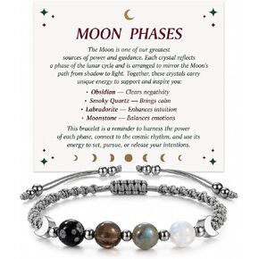 Moon Phase Crystal Bracelet for Women with Premium Gift Box, Natural Moonstone, Labradorite, Smoky Quartz & Snowflake Obsidian Beaded Bracelet, Adjustable Gemstone Jewelry, Gift for Mom, Wife, Sister, Best Friend in Saudi Arabia