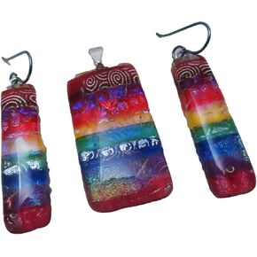 3 pc set Rainbow Patterned Fused Dichroic Pendant Niobium Earrings set Pride in Kuwait