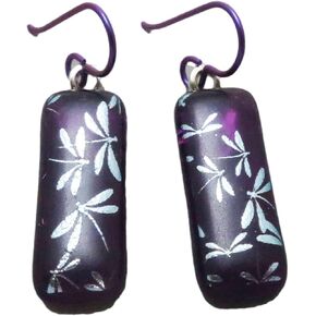 Long Silver Dragonflies Purple Fused Dichroic Glass Dangle Niobium Earrings N129 in Kuwait