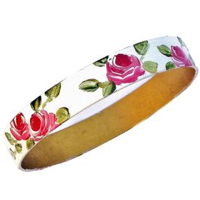 Extra Wide White Stacking Brass Bangle Flower Bracelet with Artist Hand Painted Pink Roses Romantic Floral Summer Jewelry for Women Wider Wrists in Kuwait